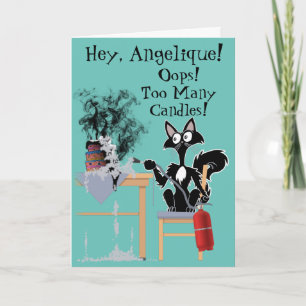 Cartão demasiadas velas, bolo de desenho engraçado