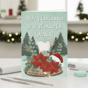 Cartão Dentista de Natal Moderno com Dente & Poinsettias