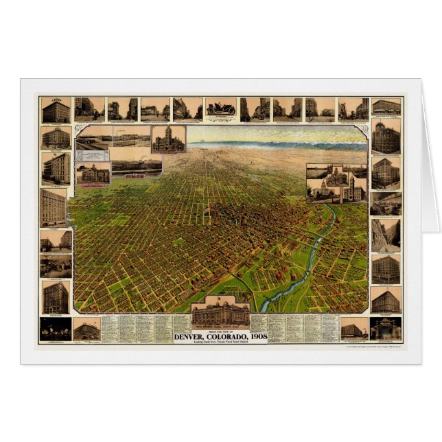 Cartão Denver, mapa panorâmico do CO - 1908 (Frente Horizontal)