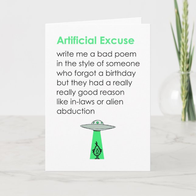 Cartão Desculpas Artificiais Um Poema De Aniversário Feli (Frente)