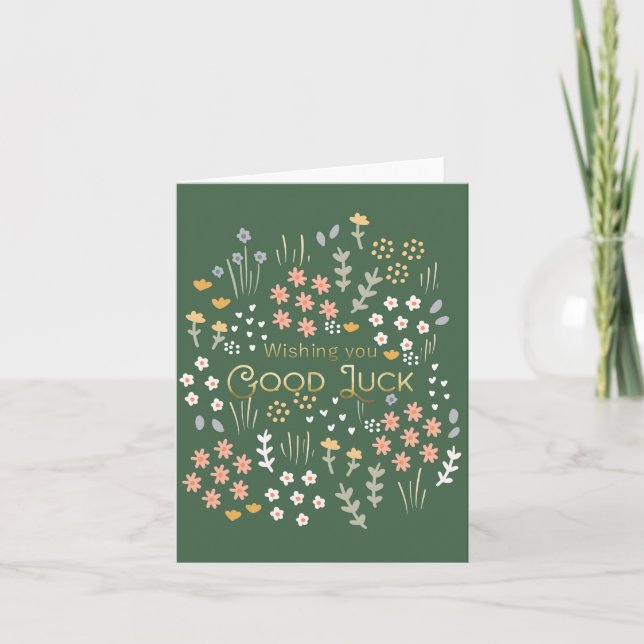 Cartão Desejando Boa Sorte Floral Verde Congrats Grad (Frente)