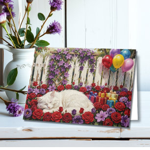 Cartão Desejando um Aniversário Incrível Gato & Floral