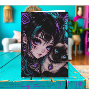 Cartão Desejando um Dia Incrível   Garota de Anime & Gato