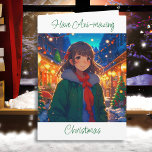 Cartão Desejo-te Natal Ani-mágico<br><div class="desc">Menina de anime bonito no Natal e no cartão de Feliz ano novo.</div>
