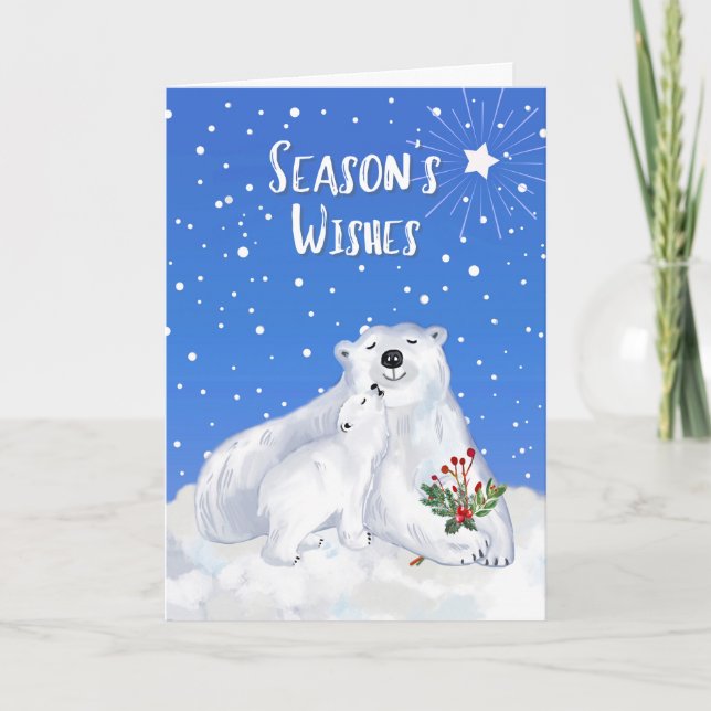 Cartão Desejos da temporada com Urso Polar Bebê e Mãe (Frente)