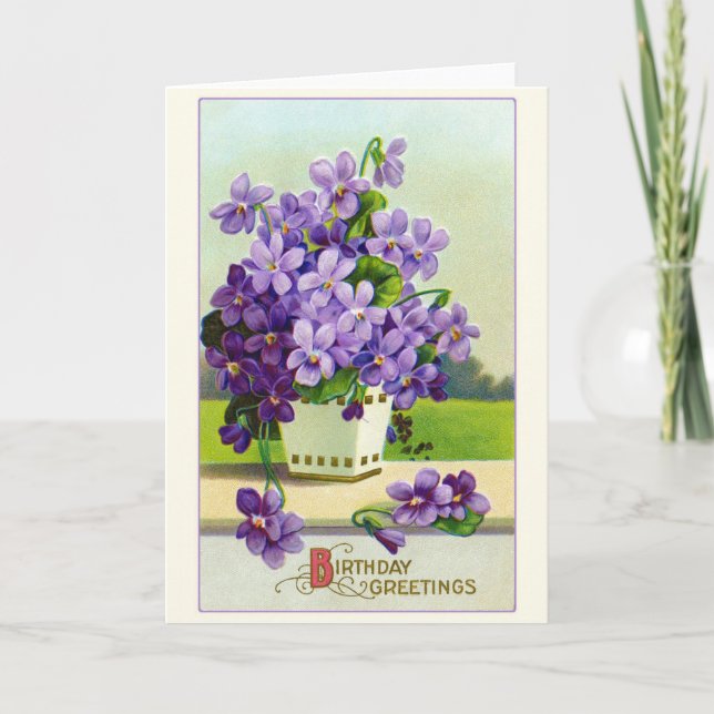 Cartão Desejos de Aniversário Antigo com Flores de Violet (Frente)