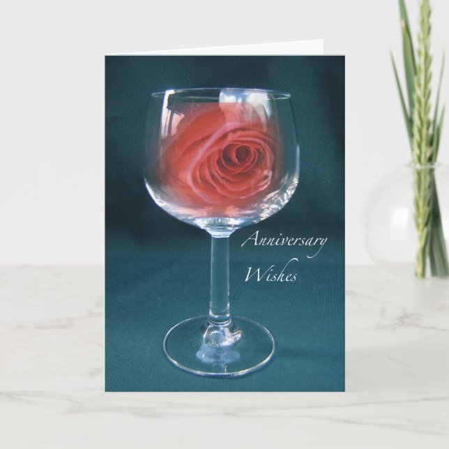 Cartão Desejos de Aniversário, com Rosa em Taça de Vinho (Frente)