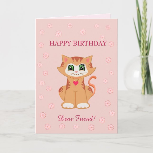 Cartão Desejos de aniversário de Kitty Cat para amigo (Frente)
