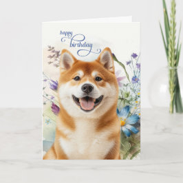 Cartão Desejos de Aniversário do Cão Akita Jardim de Flor