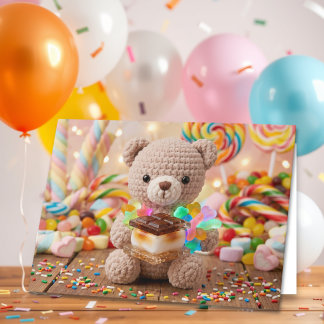 Cartão Desejos de Aniversário do Urso de Crochê Colorir