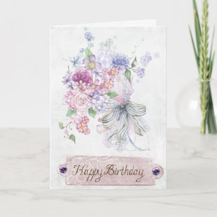 Cartão Desejos de Feliz Aniversário Floral Vintage
