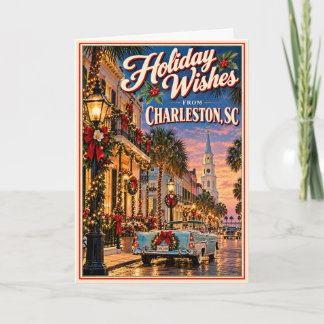 Cartão Desejos de Feriado de Charleston SC Natal Retro