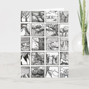 Cartão Desenho a Caneta e Tinta Paisagem Quadrados Design