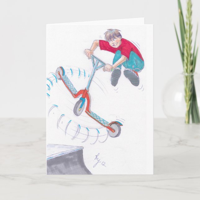 Cartão desenho animado de microscópio com micropatinete (Frente)