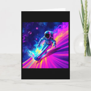 Cartão Desenho Astronauta Surfando Onda de Arco-íris Cósm