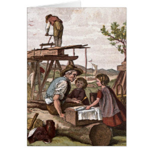 Cartão Desenho do vintage: Trabalhadores da construção