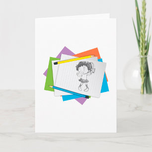 Cartão Desenho Esboço de Menina Jovial com Lápis Colorido