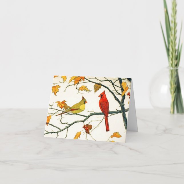 Cartão Desenho japonês venenoso, cardeais em um galho (Frente)