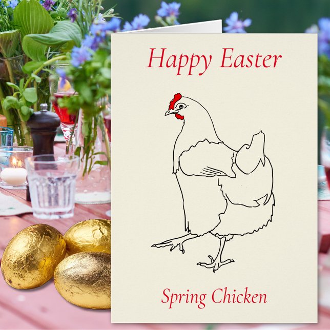 Cartão Desenho simples Primavera de páscoa (Happy easter spring chicken cute hen minimalist line art drawing Folded holiday greetings card)