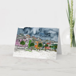 Cartão desenho tropical da arte das casas de praia