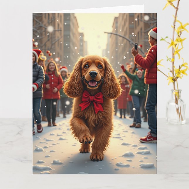 Cartão Desfile de Natal do Cocker Spaniel Pintura de Feri (Flor Amarela)