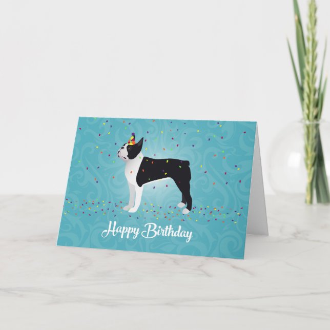 Cartão Design de Aniversário Feliz de Boston Terrier (Frente)