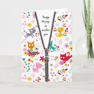 Cartão Design de Gato Bonito com Zipper para Aniversário