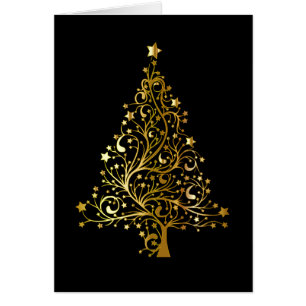 Cartão Design de Menu de Árvore de Natal Preto e Dourado