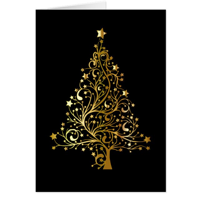 Cartão Design de Menu de Árvore de Natal Preto e Dourado  (Frente)