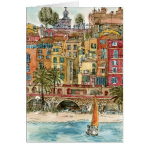 Cartão Destinos Praia e Edifícios de Watercolor