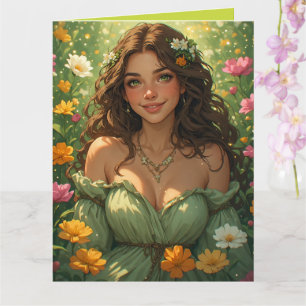 Cartão Deusa Ninfa da Natureza de Verão em Vestido Verde 