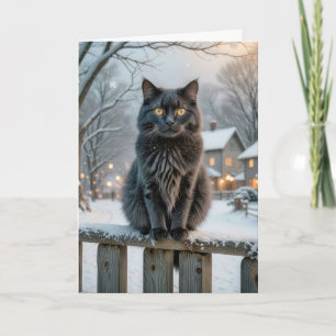 Cartão Dezembro Aniversário Gato Negro Em Uma Cerca De Ne