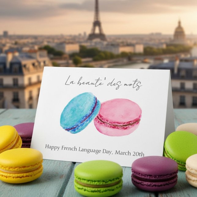 Cartão Dia da Língua Francesa 20 de Março Macarons (Criador carregado)