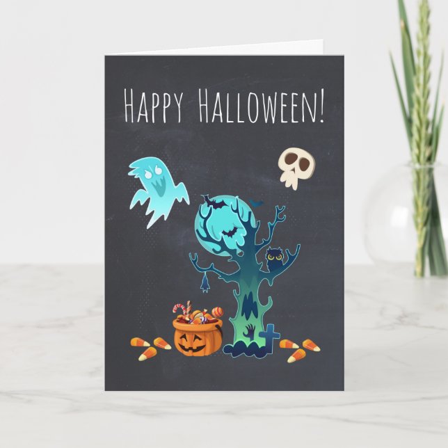 Cartão Dia das Bruxas Fantasmas Morcegos Caveiras e Doces (Frente)
