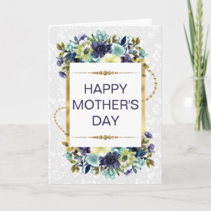 Cartão Dia das Mães Creme & Flores Azuis & Brilho Dourado