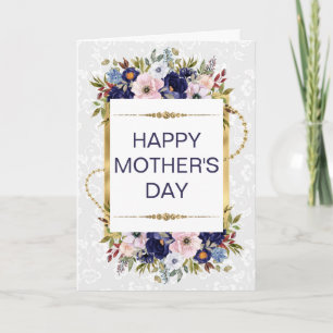 Cartão Dia das Mães Creme & Flores Azuis & Brilho Dourado