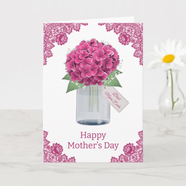 Cartão Dia das Mães de Renda Rústica Floral Rosa Hydrange (Planta pequena)
