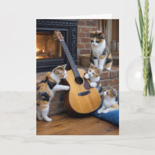 Cartão Dia das Mães Gato Calico com Gatinhos e Violão