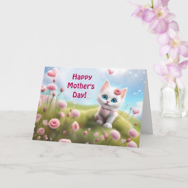 Cartão Dia das Mães Geral com Gatinho Branco Fofo  (Orquídea)