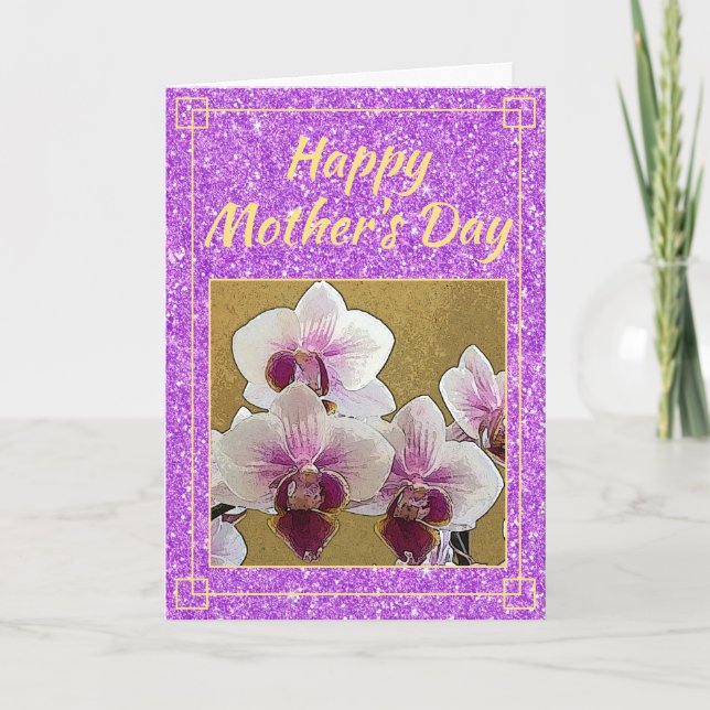 Cartão Dia das Mães Menina Roxo Brilho Flores Foto (Frente)