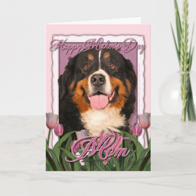 Cartão Dia das mães - tulipas cor-de-rosa - cão de (Frente)