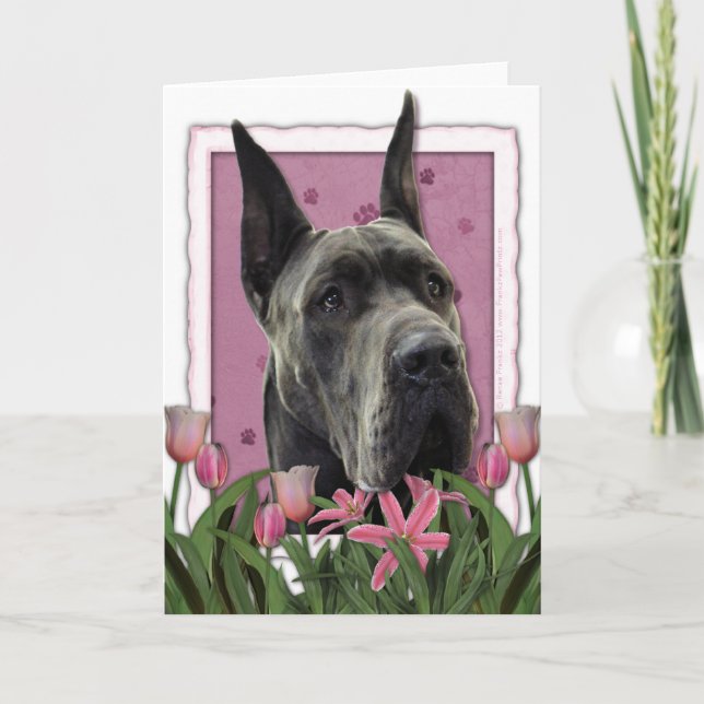 Cartão Dia das mães - tulipas cor-de-rosa - great dane - (Frente)
