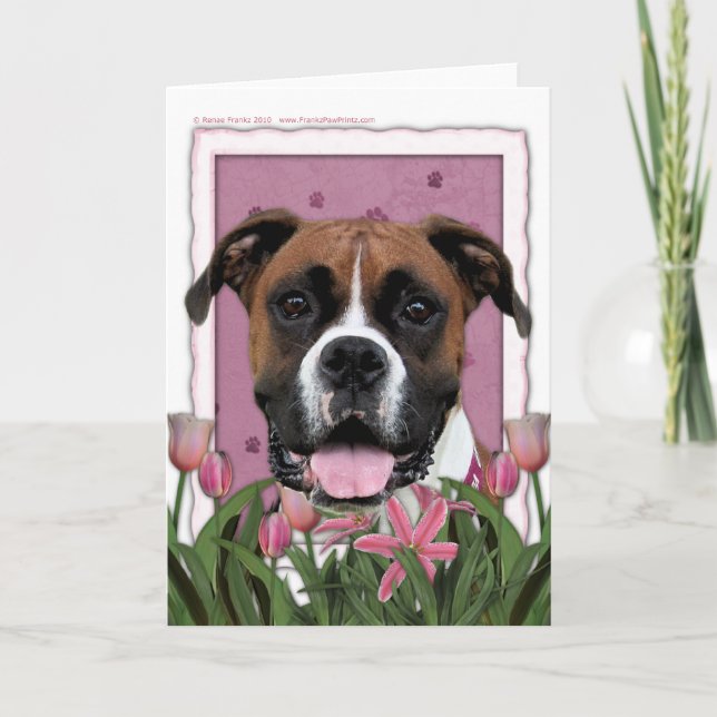 Cartão Dia das mães - tulipas cor-de-rosa - pugilista - (Frente)