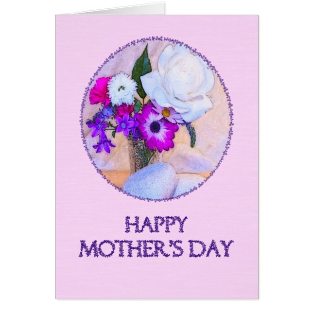 Cartão Dia de as mães com flores pintadas. (Frente)
