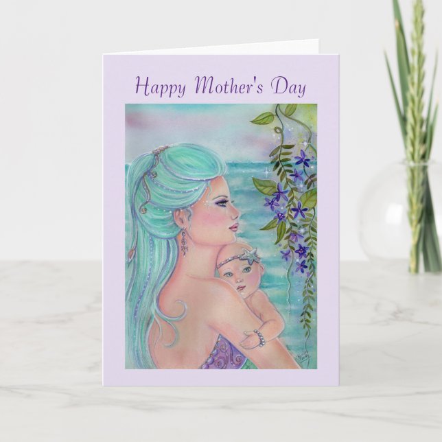 Cartão Dia de as mães com sereia e bebê por Renee (Frente)