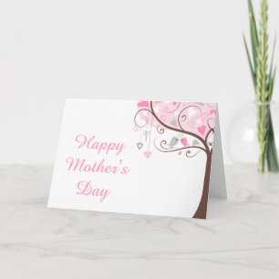 Cartão Dia de as mães de aves, cor-de-rosa e Cinza