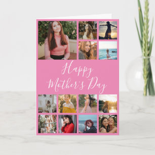 Cartão Dia de as mães Feliz Colagem de Fotos Rosa e Branc