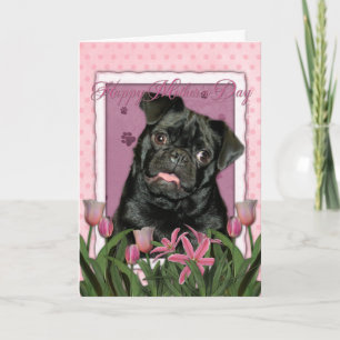 Cartão dia de as mães - Tulipas cor-de-rosa - Pug - Ruffy
