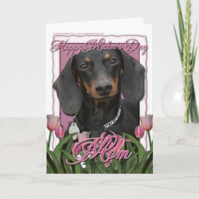 Cartão Dia de as mães - Tulipas Rosa - Dachshund - Winsto (Frente)