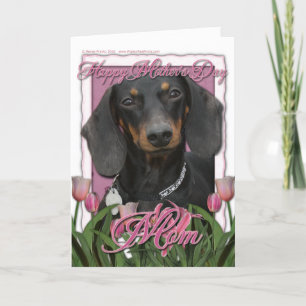 Cartão Dia de as mães - Tulipas Rosa - Dachshund - Winsto